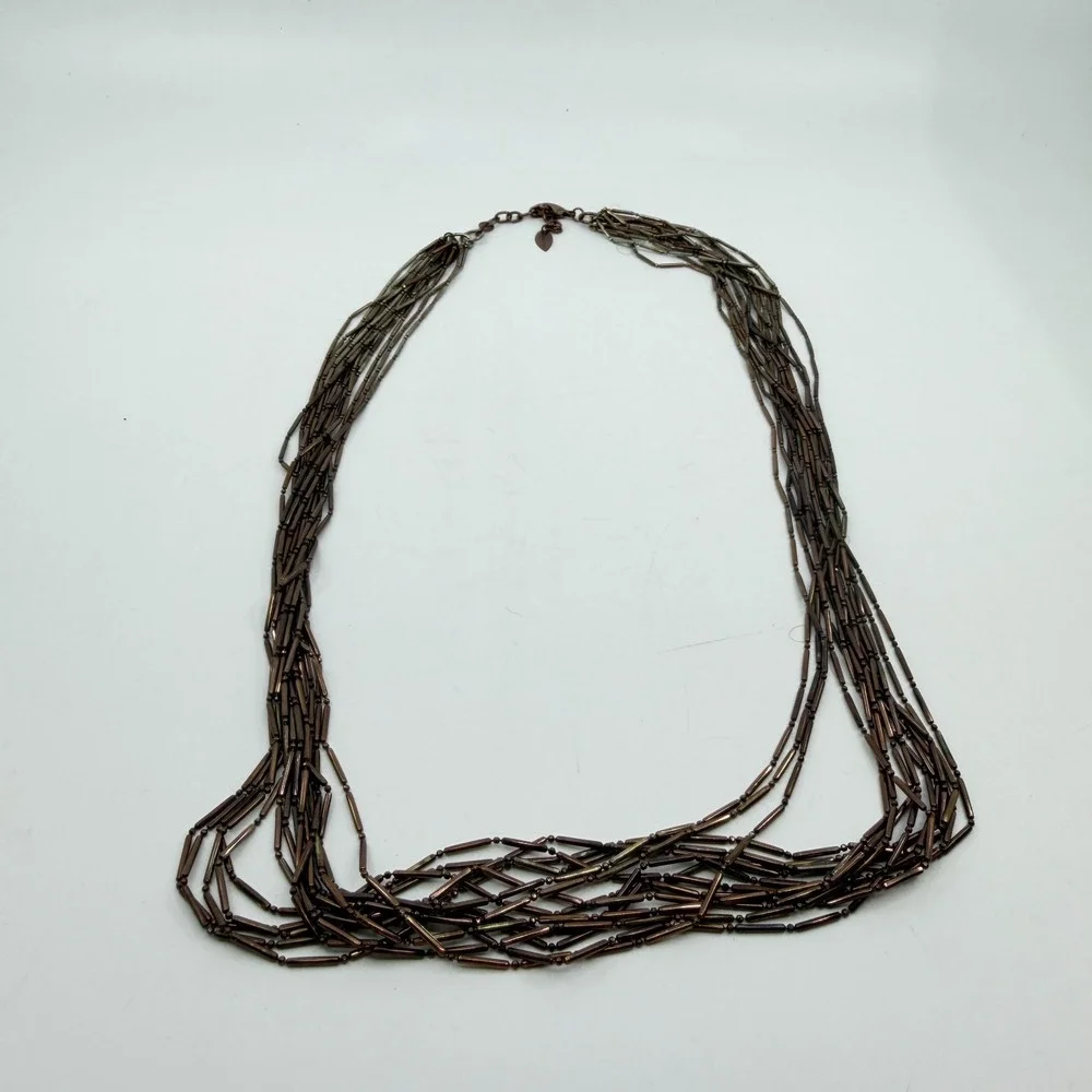 Bronze Tone Bugle Bead Multi Strand Necklace Layered Boho Statement Jewelry